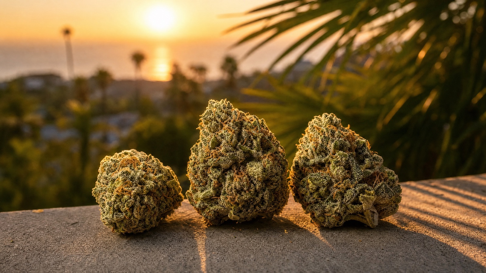 Dense, resin-coated cannabis buds in golden evening light with palm shadows on warm concrete