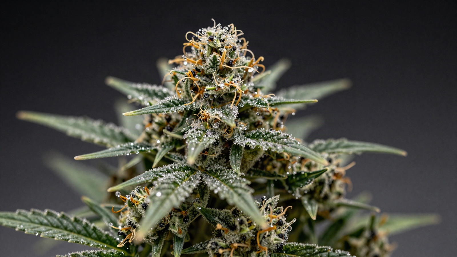 Macro shot of a cannabis flower with visible resinous trichomes