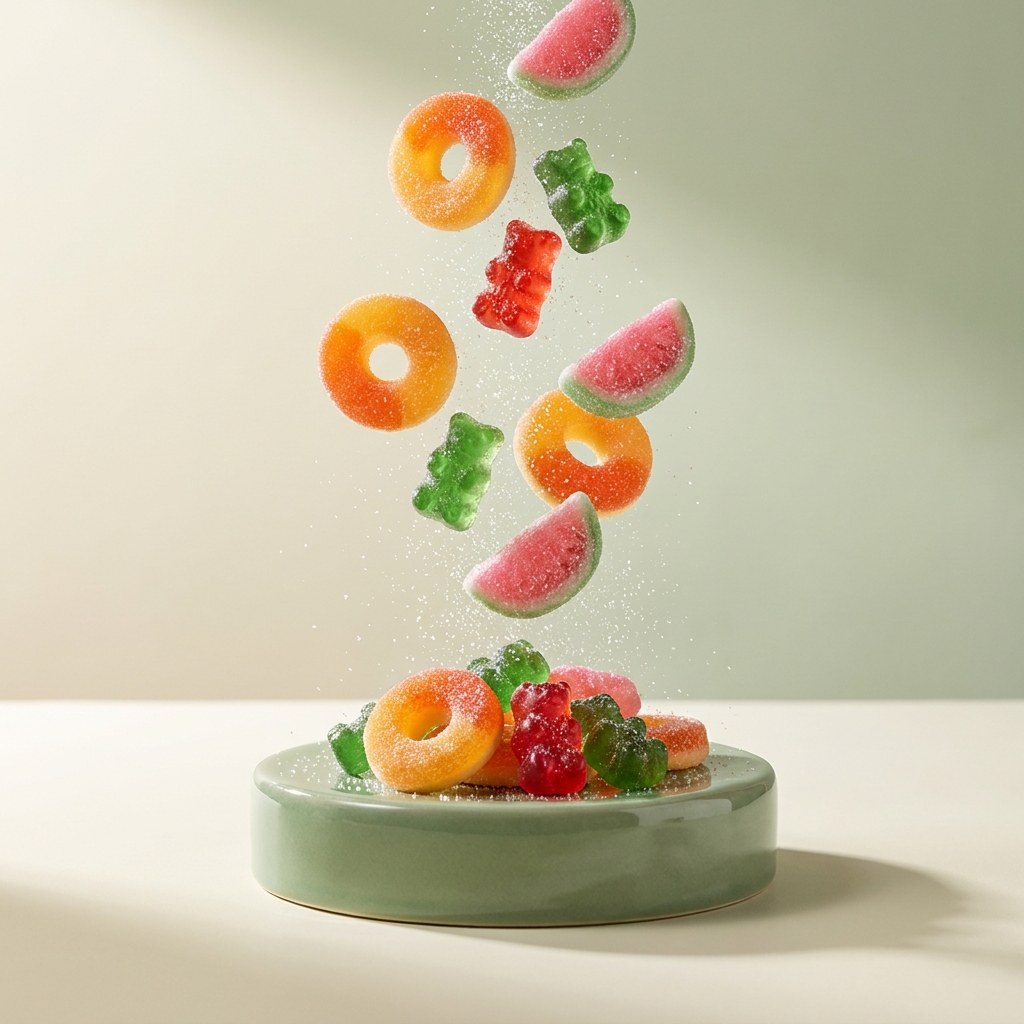 Fruit gummies tumbling above an orange podium