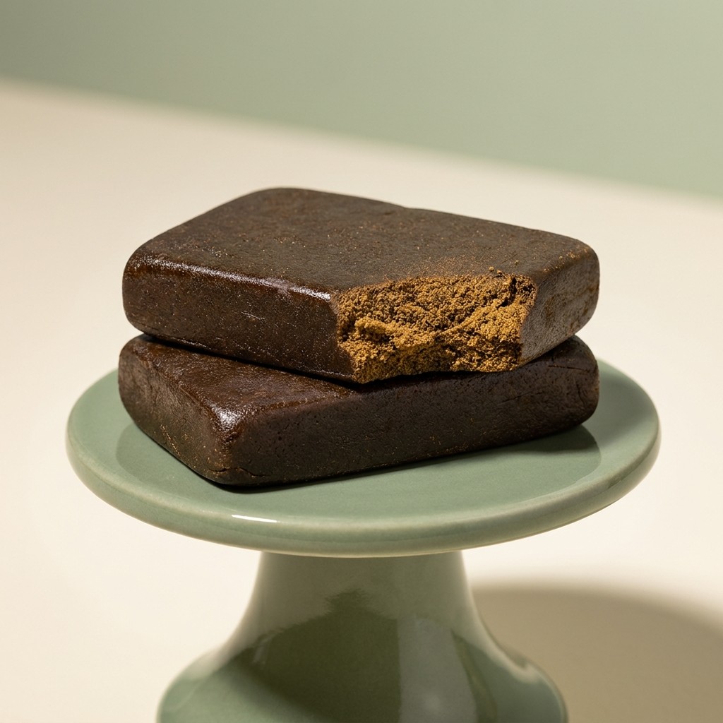 Pressed hash pieces on a stone plate