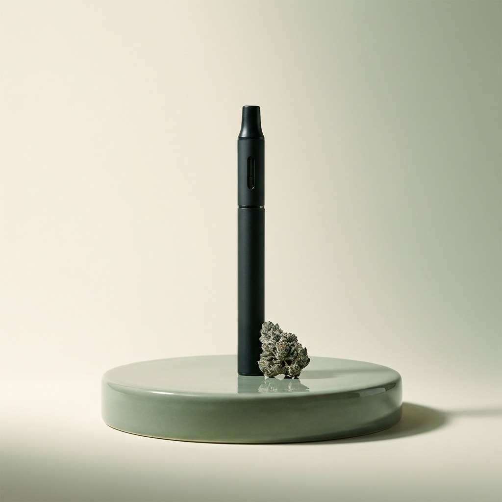 Matte black vape pen on a ceramic tray